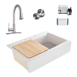 Josephine 34 in. Quick-Fit Farmhouse Drop-in Single Bowl White Fireclay Workstation Kitchen Sink with Pfirst Faucet Kit