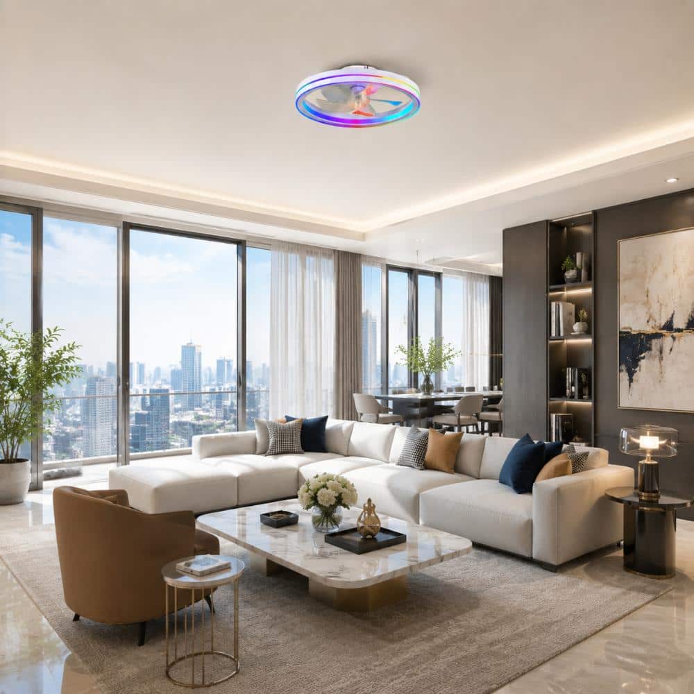 18.9 in. LED Indoor Flush Mount White Ceiling Fan with RGB Lighting and App Control
