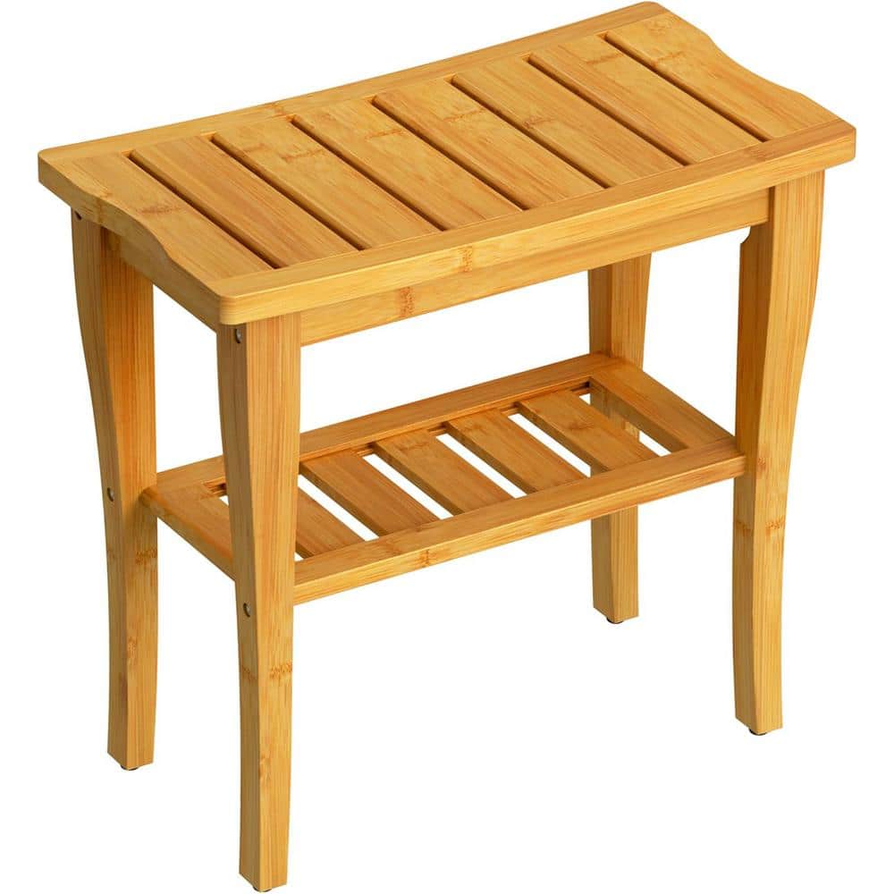 15.7 in. Waterproof Bamboo Shower Bench Stool with Storage Shelf for Adults