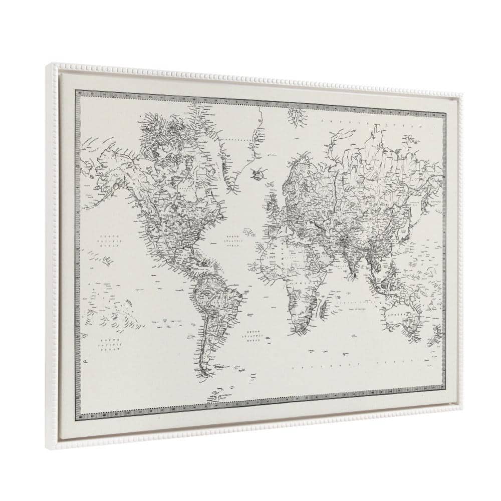 Vintage Black and White World Map Framed Canvas Wall Art