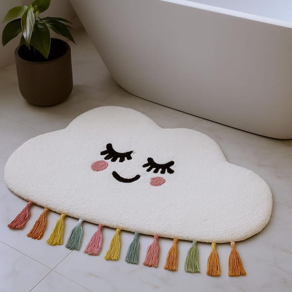 2 ft. x 4 ft. White Cloud Shape Smiley Face Washable Area Rug With Tassels