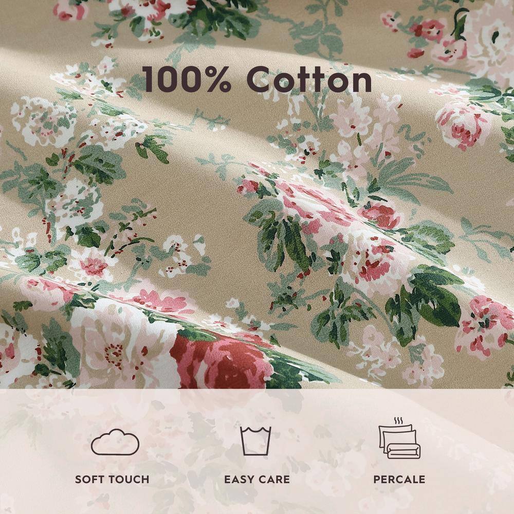 Twin Beige Floral Cotton Percale Sheet Set