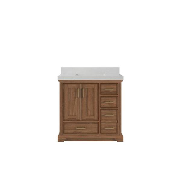 Willow Collections Charlotte Teak 36 in. W x 22 in. D x 36 in. H Center Sink Bath Vanity in Dark Natural with 2" Carrara Quartz Top