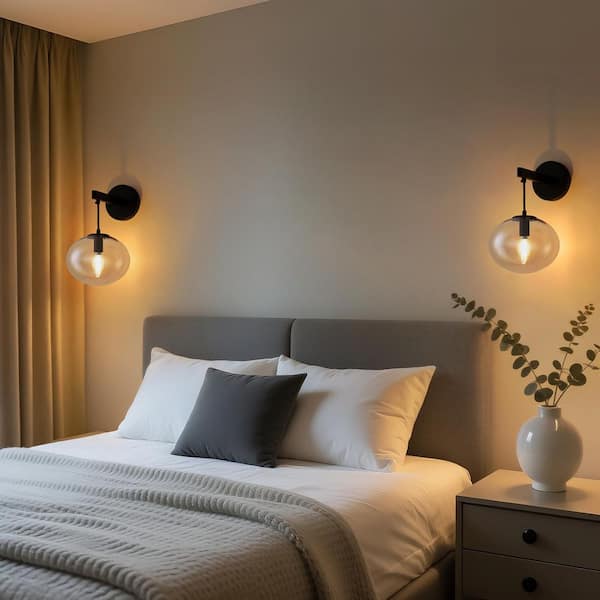 11 in. 1-Light Black Round Modern Wall Sconces with Clear Glass Shade (Bulbs Not Included)