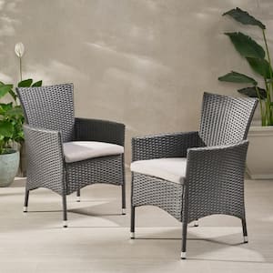 Brown Wicker Outdoor Dining Chair with Water Resistant Grey Cushion Set of 2