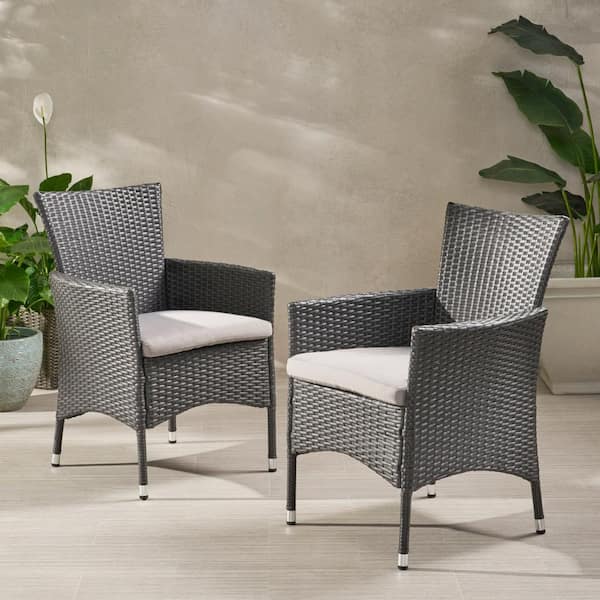 ITOPFOX Brown Wicker Outdoor Dining Chair with Water Resistant Grey Cushion Set of 2