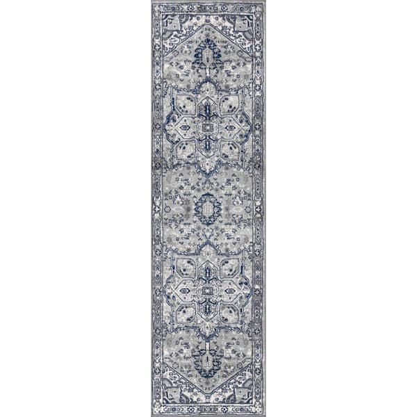 Modern Persian Vintage Medallion Light Grey/Navy 2 ft. x 8 ft. Runner Rug
