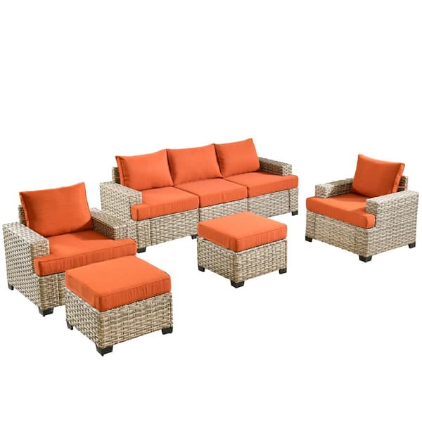 Merritt 7-Piece Wicker Modern Outdoor Patio Conversation Sofa Seating Furniture Set with Orange Red Cushions