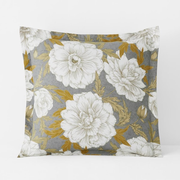 The Company Store Company Cotton Grey/Gold Peonies Sateen Euro Sham