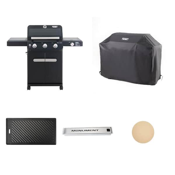Mesa 3-Burner Black Gas Grill with LED Controls, 57 in. Cover, Cast Iron Plate, Smoke Box and Pizza Stone Combo