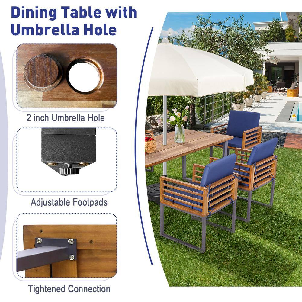7-Piece Acacia Wood and Metal Outdoor Dining Set with Navy Cushions