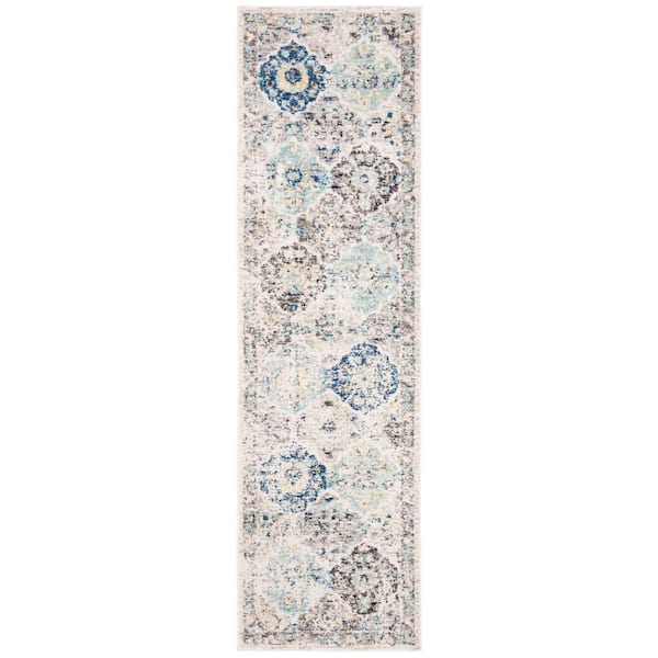SAFAVIEH Madison Ivory/Aqua 2 ft. x 12 ft. Border Distressed Floral Runner Rug