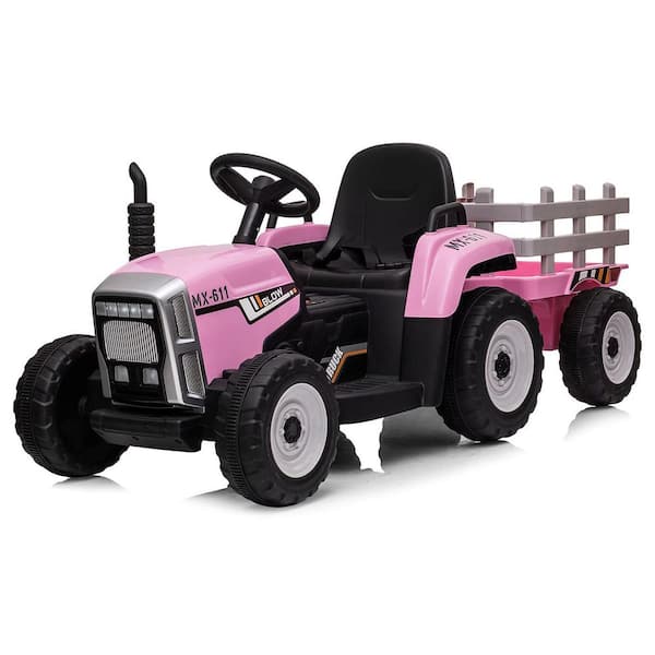 Garvee 12V Ride on Tractor, Electric Vehicle Toy with Trailer and Remote Control, 3-Gearshift, Light Pink