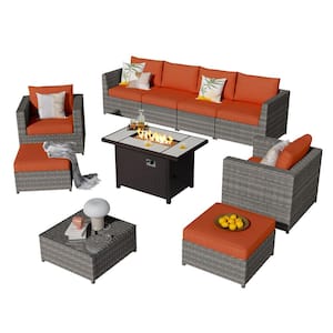 Ontario Lake Gray 10-Piece Wicker Outdoor Patio Rectangular Fire Pit Sectional Sofa Set with Orange Red Cushions