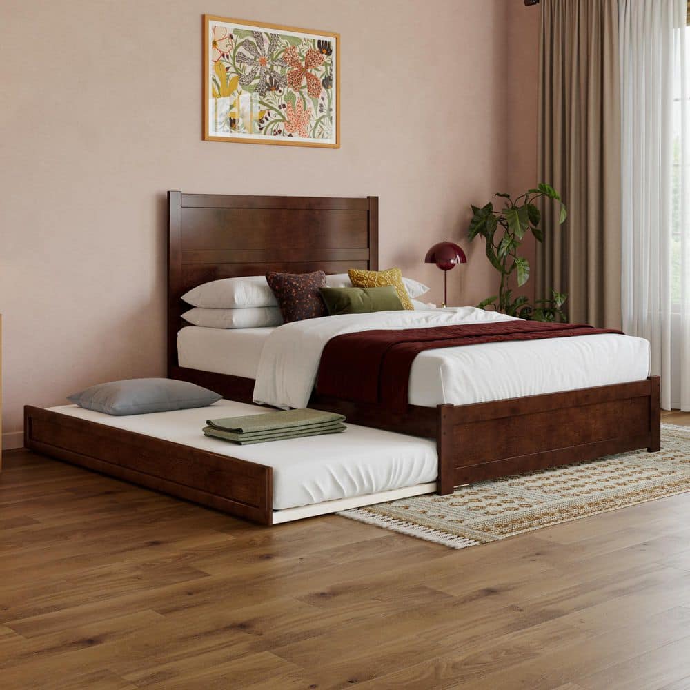 Aveline Walnut Brown Wood Frame Full Platform Bed with Matching Footboard and Twin Trundle price history on PriceWatchPro