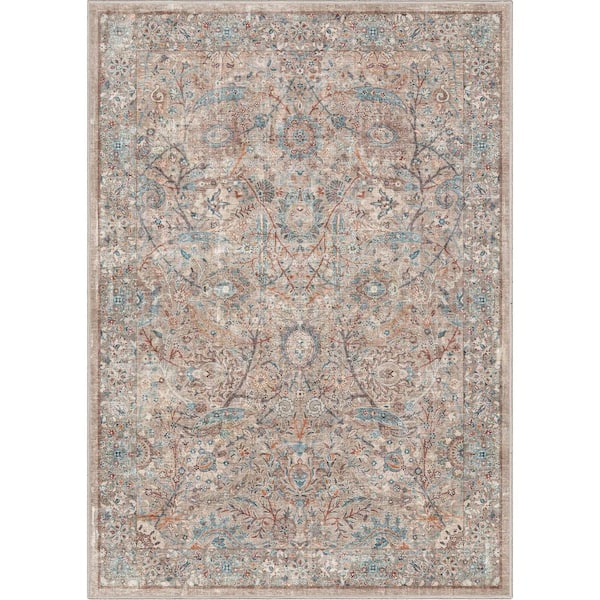 Asha Emilia Vintage Persian Oriental Ivory 6 ft. x 9 ft. Machine Washable Area Rug