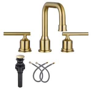 8 in. Widespread 3 Hole Lead-Free Double Handle Bathroom Faucet with Pop-up Drain and Supply Lines in Brushed Gold