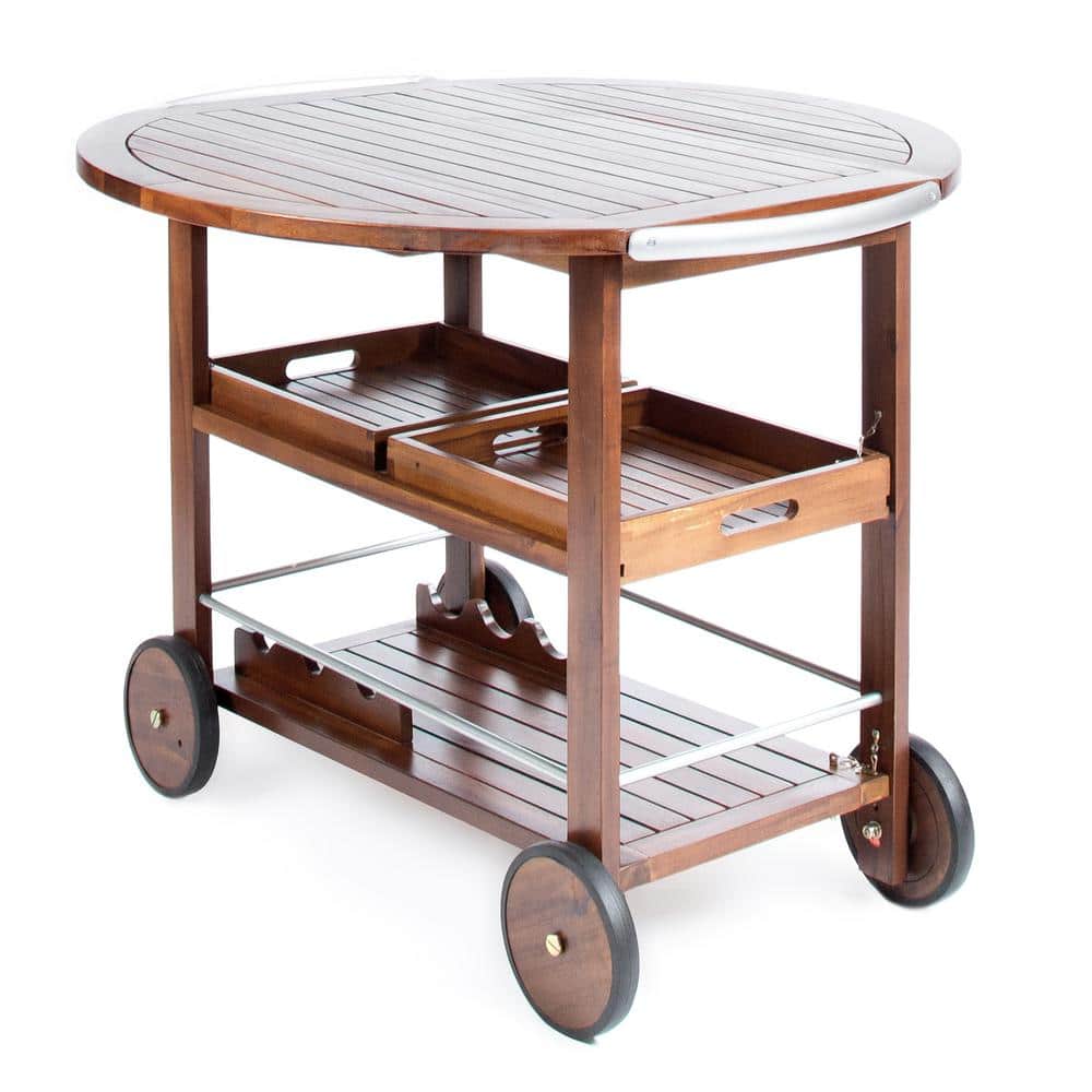 1-Piece Outdoor Wood Bar Cart with Lockable Wheels, Shelves for Party Pools