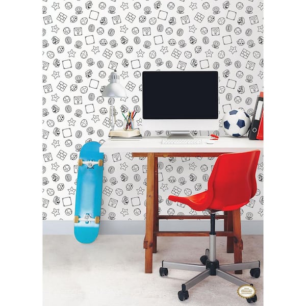 Black and White Abstract Nintendo Super Mario Power Up Icons Peel and Stick Wallpaper Roll