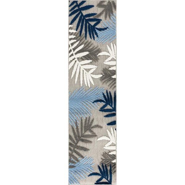 World Rug Gallery Evora Palm Frond Blue 2 ft. x 7 ft. Runner Indoor/Outdoor Area Rug