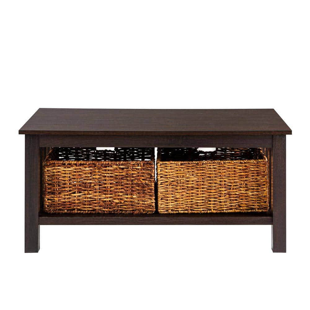 Espresso Elegance 40" Rectangular Coffee Table with Wicker Storage Baskets