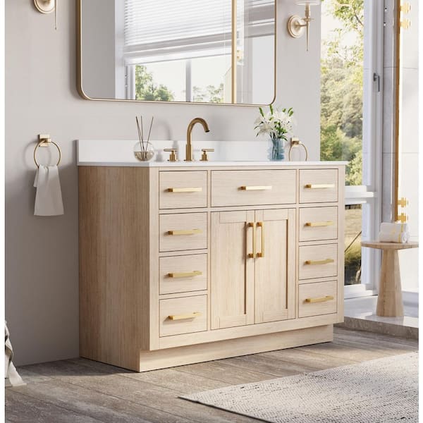 48 in. Single Sink Freestanding Solid Wood Bath Vanity in OAK with White Quartz Top, Soft-Close, Full Assembled