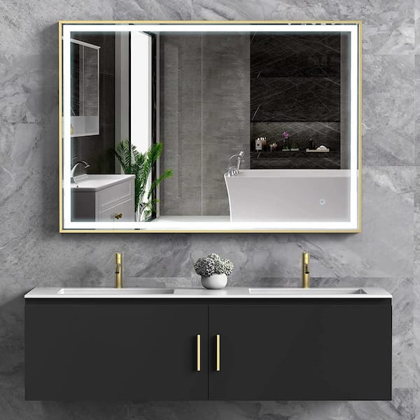 ELLO&ALLO 24 in. W x 32 in. H Rectangular Aluminum Framed LED Light with 3 Color and Anti-Fog Wall Bathroom Vanity Mirror in Gold
