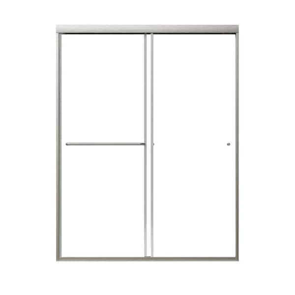 54 in. W x 70 in. H Sliding Semi-Frameless Shower Door in Brushed Nickel with 6mm Tempered Glass, Silent Wheels
