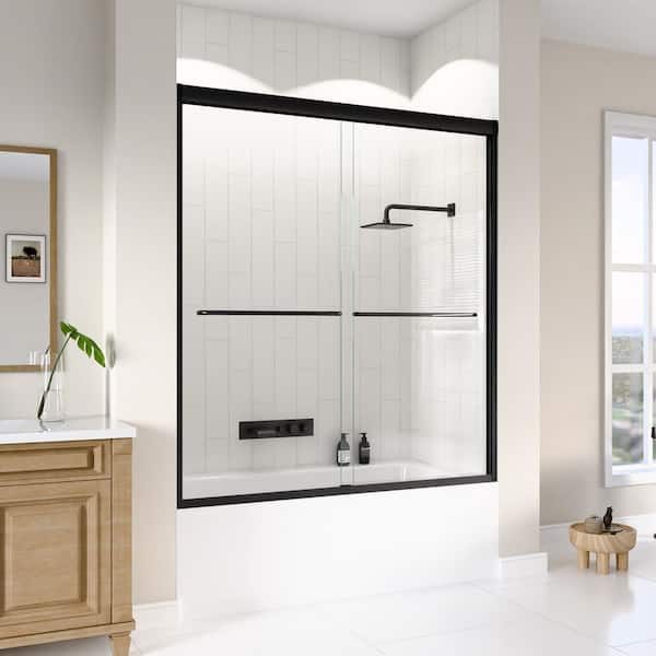 60 in. W x 62 in. H Double Sliding Framed Tub Door in Matte Black with SGCC 1/4 in. (6 mm) Tempered Clear Glass