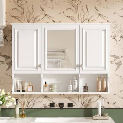41 in. W x 28 in. H Rectangular Wood Medicine Cabinet with Mirror, Adjustable Shelf, 3-Open Shelves, White