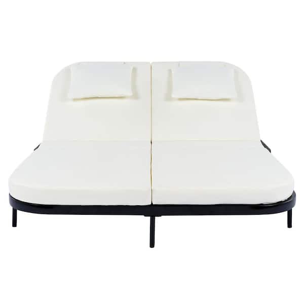 Unbranded Black 1-Piece Metal Outdoor Iron Chaise Lounge Day Bed with Cushion Guard 5-Position Adjustable Backrest, Beige Cushions
