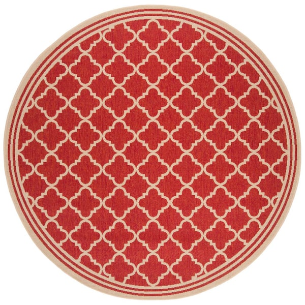 SAFAVIEH Beach House Red/Cream 4 ft. x 4 ft. Border Trellis Indoor/Outdoor Patio  Round Area Rug