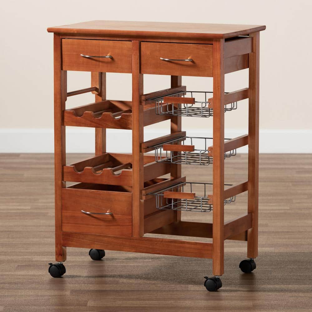 Crayton Oak Brown and Silver Mobile Kitchen Cart with Wine Storage