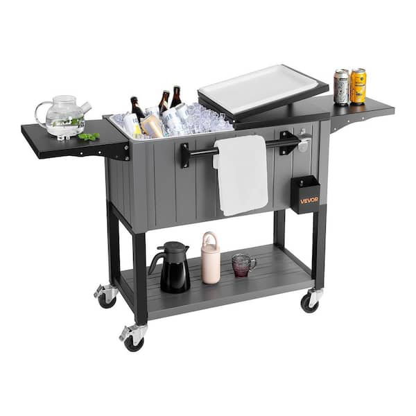 80 qt. Rolling Ice Chest, Holds 50 Bottles / 110 Cans, Portable Bar Drink Cooler Cart with Bottom Shelf and Side Shelves