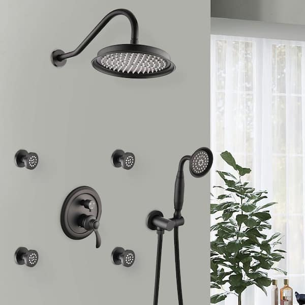 Satico 4-Spray Patterns with 2 GPM 9 in. Wall Mount Rain Fixed Shower Head with Body Jet Handshower in Matte Black