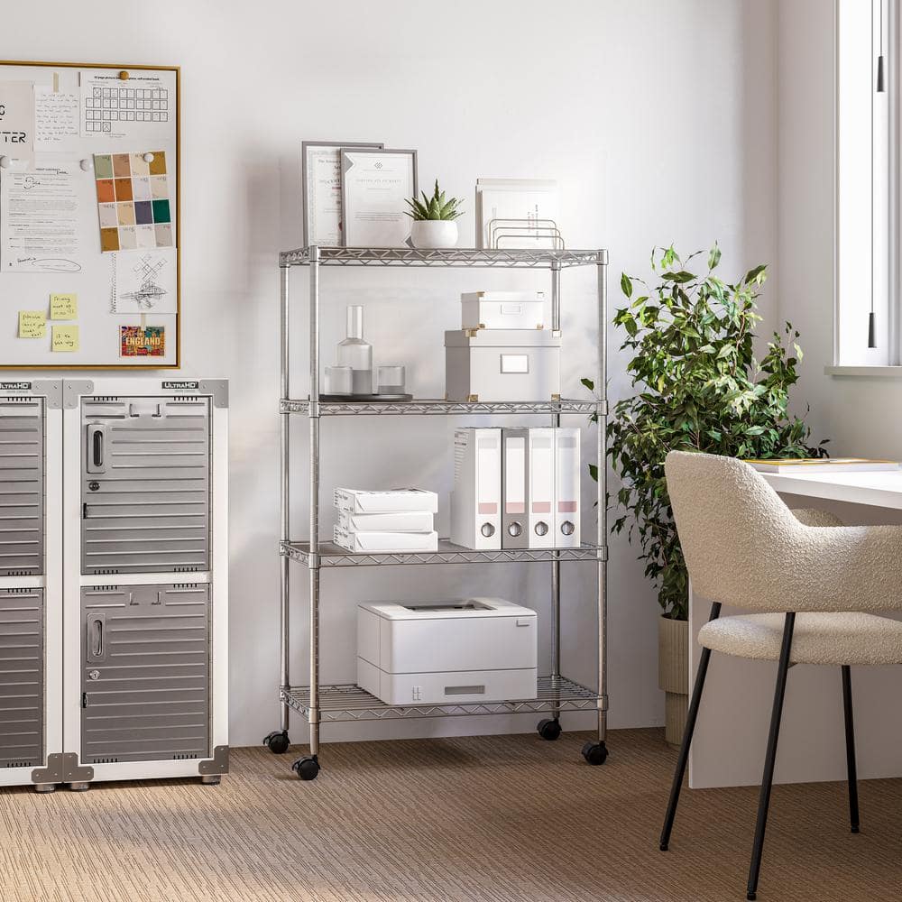 Adjustable 4-Tier Gray Steel Wire Shelving Unit with Wheels