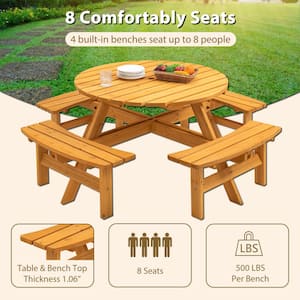 70 in. W 8-Person Natural Circular Wooden Picnic Table Umbrella Hole, 4-Benches