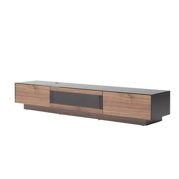 Benjara 79 in. Brown and Black Wood TV Stand Fits TVs up to 78 in. with 3-Drawers and Glass Top