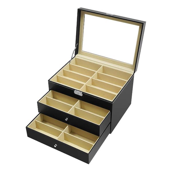 24-Piece Black High PU Leather and Medium Density Fiberboard Large Eyeglass Sunglasses Glasses Display Case