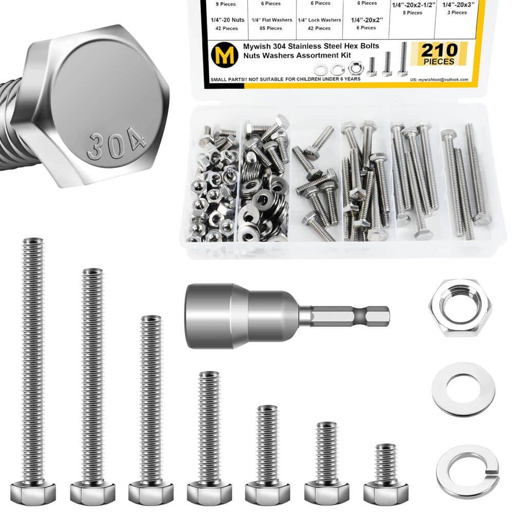 210-Piece 1/4 in. -20 Hex Head Bolt, Nut, and Washer Assortment Kit, Heavy-Duty 304-Stainless Steel price history on PriceWatchPro