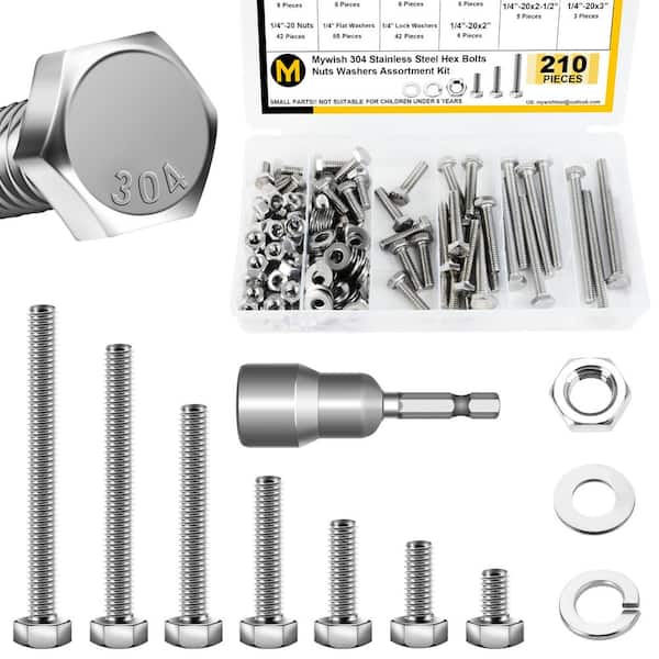 210-Piece 1/4 in. -20 Hex Head Bolt, Nut, and Washer Assortment Kit, Heavy-Duty 304-Stainless Steel