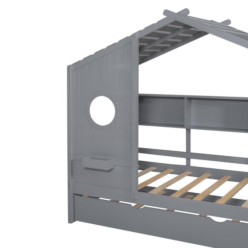 Gray Wood Frame Full Size Platform Bed with Trundle, Storage Shlef - thumbnail 9