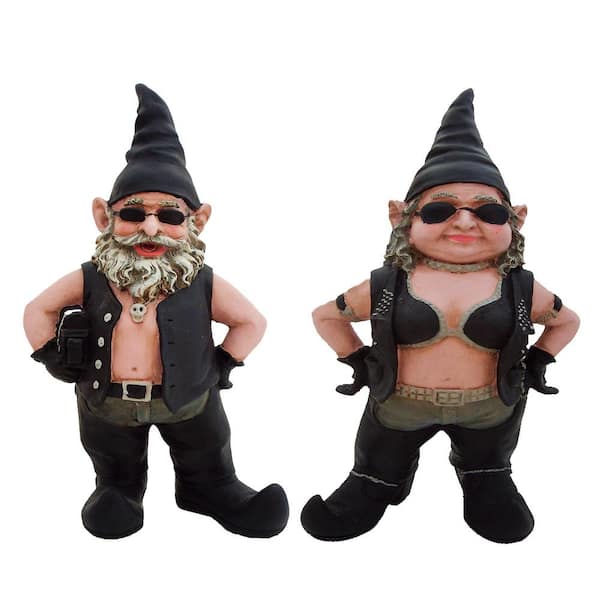 HOMESTYLES 8.5 in. H Biker Dude and Babe Biker Gnomes in Leather Motorcycle Riding Gear Home and Garden Gnome Figurine