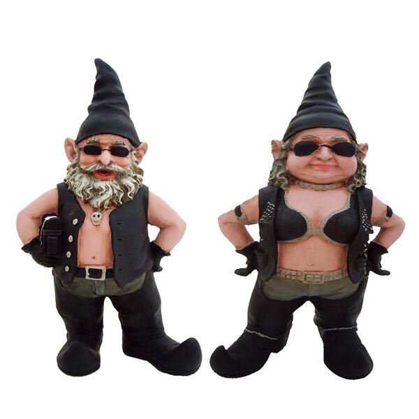 HOMESTYLES 20 in. H Biker Dude and Babe Biker Gnomes in Leather Motorcycle Riding Gear Home and Garden Gnome Statue