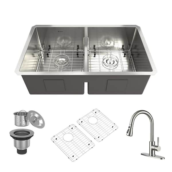 32 in. Undermount Double Bowl Stainless Steel Kitchen Sink with Faucet, Bottom Grid, Drain, Drain Cap, Strainer Basket