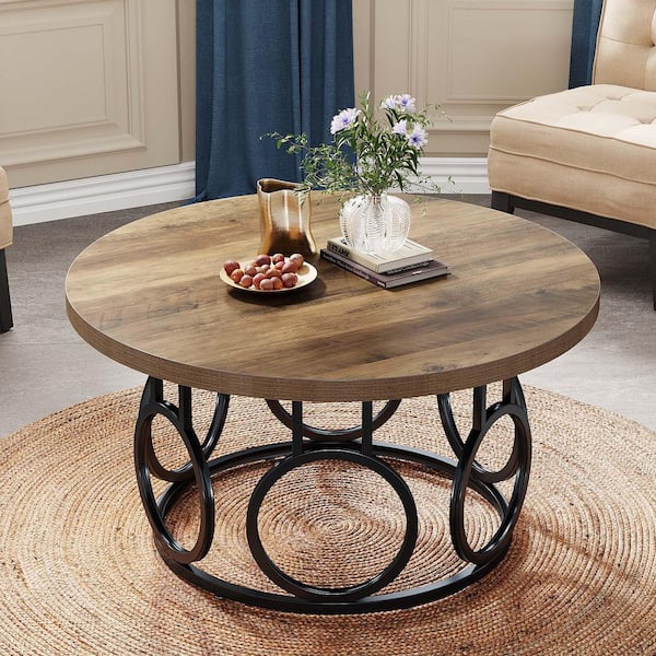 BYBLIGHT Kerlin 31.5 in. Brown and Black Round Engineered Wood Coffee Table for Living Room
