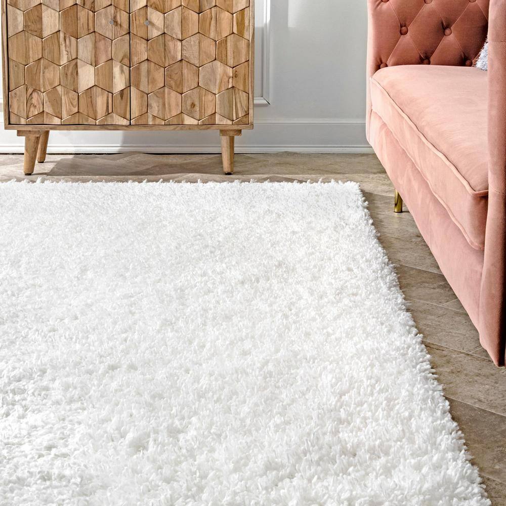 Ivory Rectangular Braided Shag Area Rug with Tassels