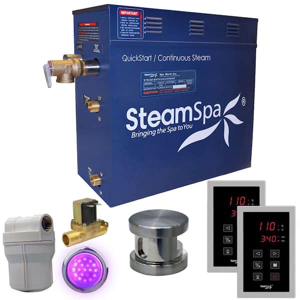 SteamSpa Royal 7.5kW QuickStart Steam Bath Generator Package with Built-In Auto Drain in Polished Brushed Nickel