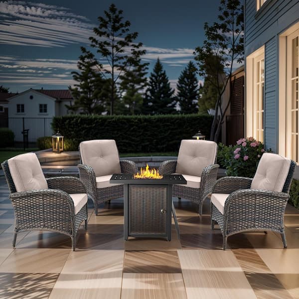 Carlos 5-Piece Wicker Patio Rectangle Fire Pit Conversation Set with Armchairs and Beige Cushions