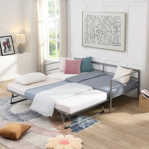 Qualler Silver Metal Twin Size Daybed with Foldable Trundle
